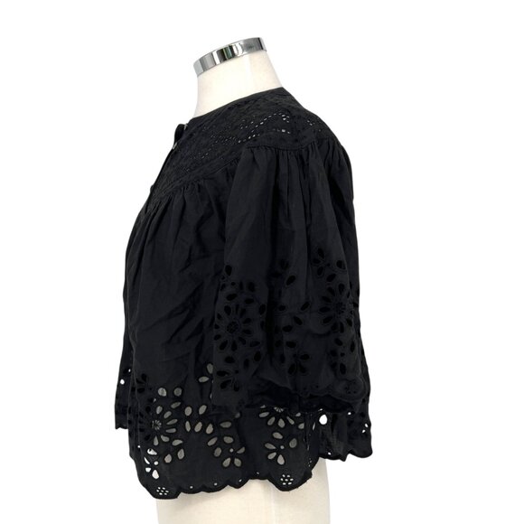 Madewell Embroidered Shirred Short Sleeve Cotton Blouse Black Size XS NWT - Picture 4 of 9